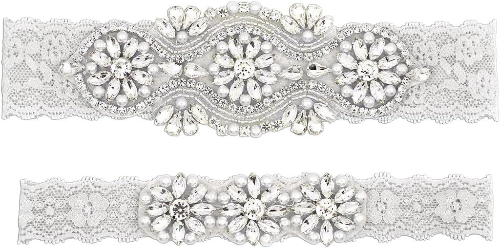 Blue Garters for Bride, Rhinestone Pearl Bridal Wedding Garter Belt Set