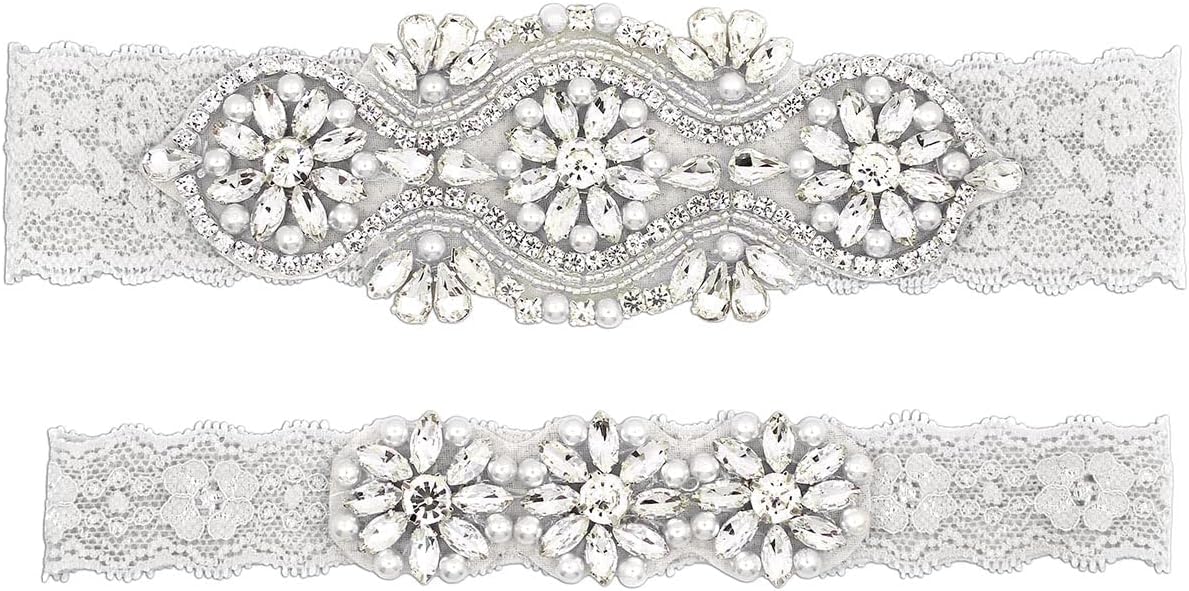 Blue Garters for Bride, Rhinestone Pearl Bridal Wedding Garter Belt Set