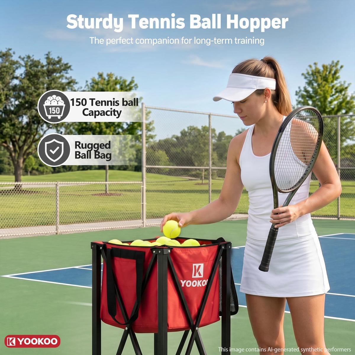 Tennis Ball Hopper Holds 150 Balls, Tennis Cart with Black/Red Bag
