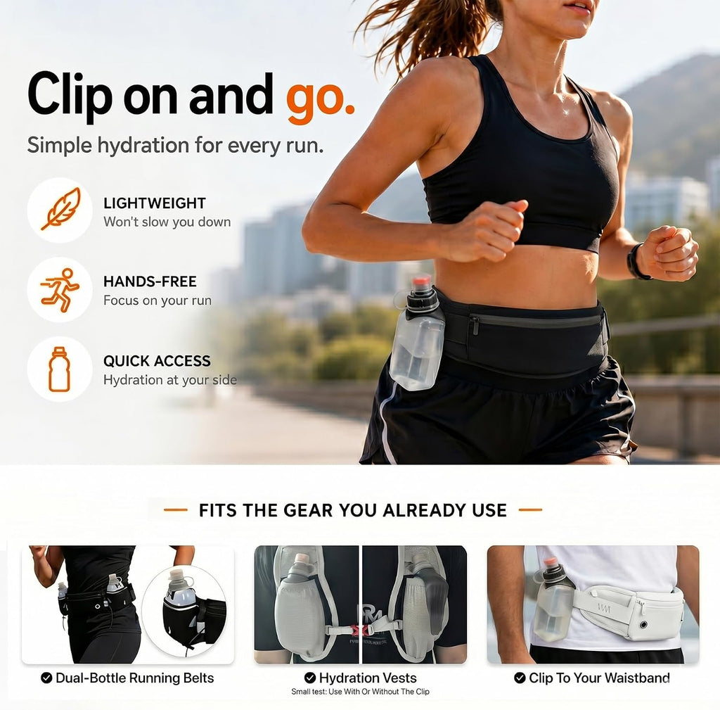 2 Pack 8.8oz Running Water Bottles with Clips for Vests and Belts | Carry water and electrolytes in two compact