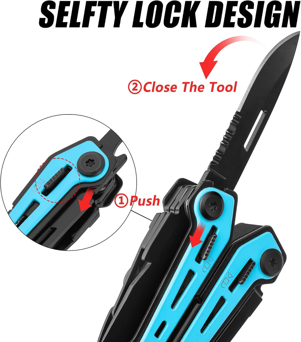16-In-1 Multi-Tool Pliers, EDC Multitool, Aqua Blue | Gift for Men, Stainless Steel, Pocket Knife, Belt Clip, Oxford