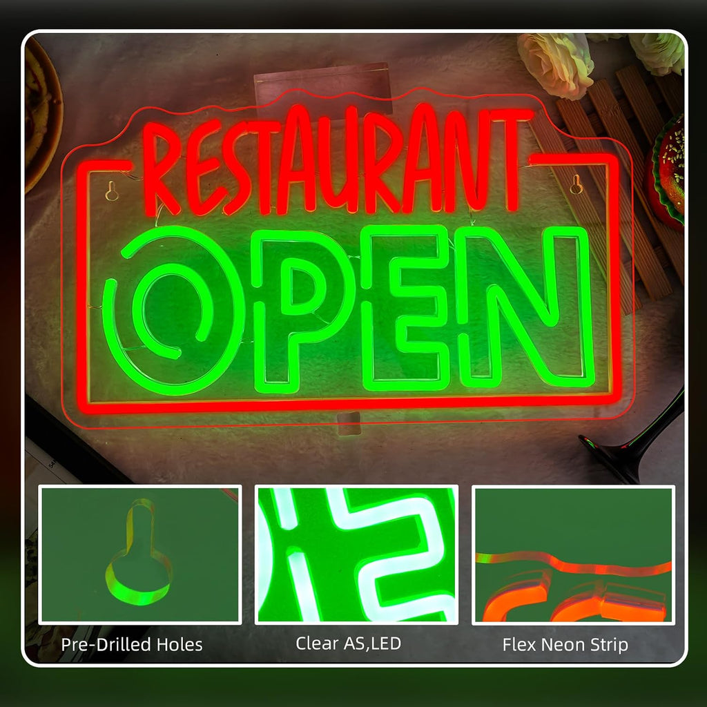 Restaurant Open Neon Sign Red Green LED Light for Business Wall Decor