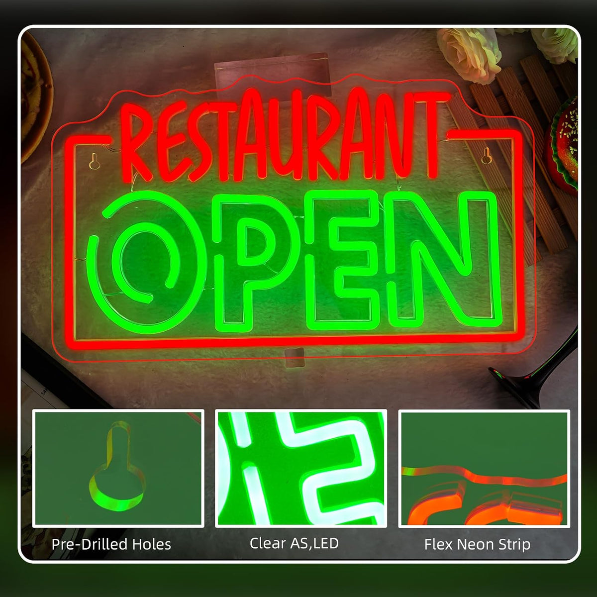 Restaurant Open Neon Sign Red Green LED Light for Business Wall Decor