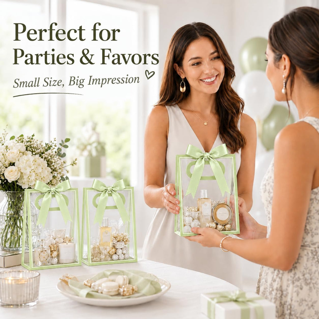 12 Pack Clear Gift Bags with Handles, Sage Green