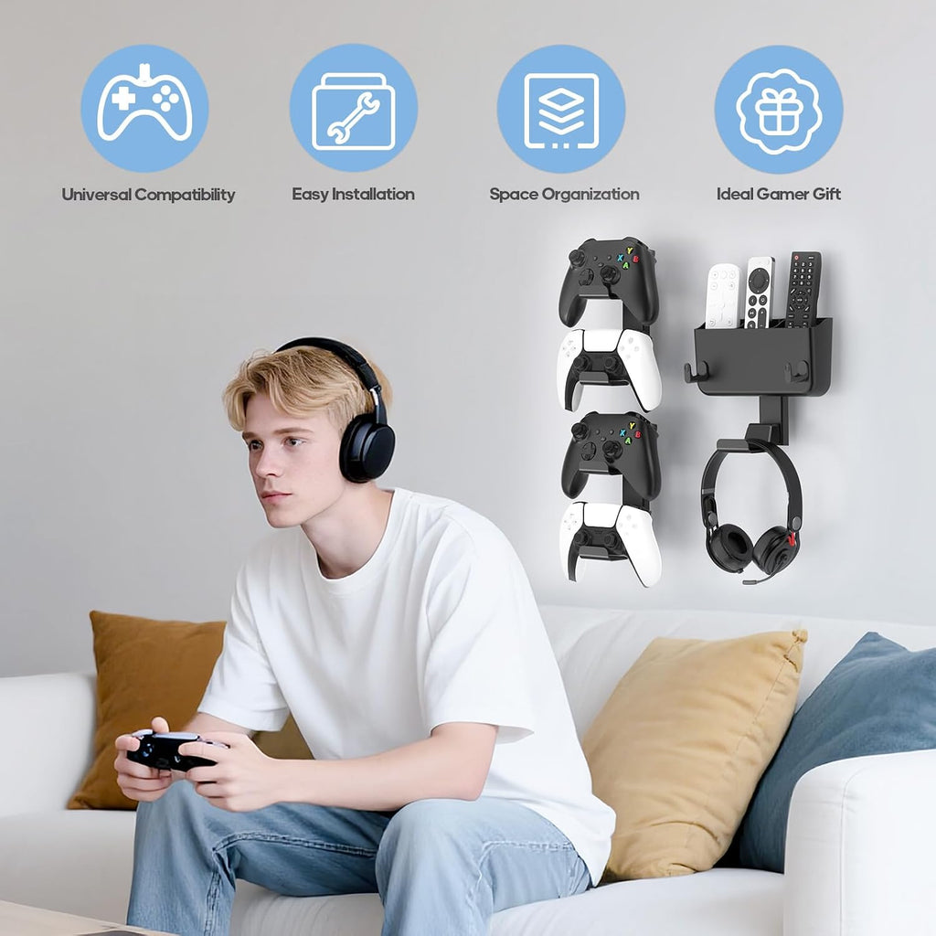 Controller & Headset & Remote Holder Wall Mount with No Drill, 2 Packs Gaming 4 Controllers Hanger Hook Mount for