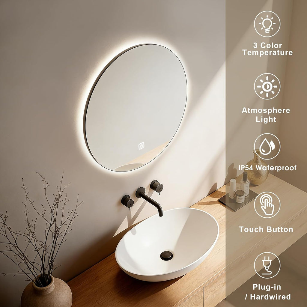 20 Inch Round LED Bathroom Mirror with Lights, Lighted Vanity Bathroom Mirror with Backlit, Stepless Dimmable & 3