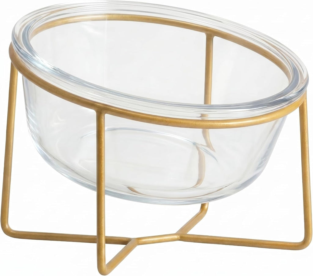 Small Glass Tilted Elevated Cat Dog Bowl Raised Cat Food Water Bowl Dish Pet Comfort Feeding Bowls with Gold Iron Stand