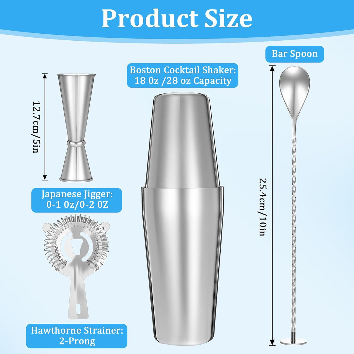 Professional Cocktail Shaker, Professional 5-Piece Bartender Kit with Boston Shaker, Hawthorne Strainer, Double