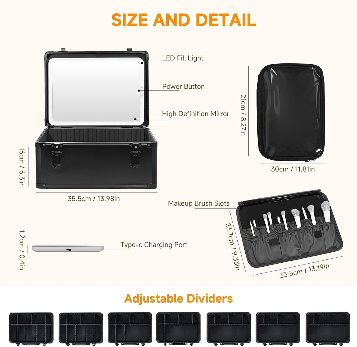 Makeup Extra Large 15 inches Case with Lighted Mirror – Cosmetic Organizer with Adjustable Dividers, Magnetic LED