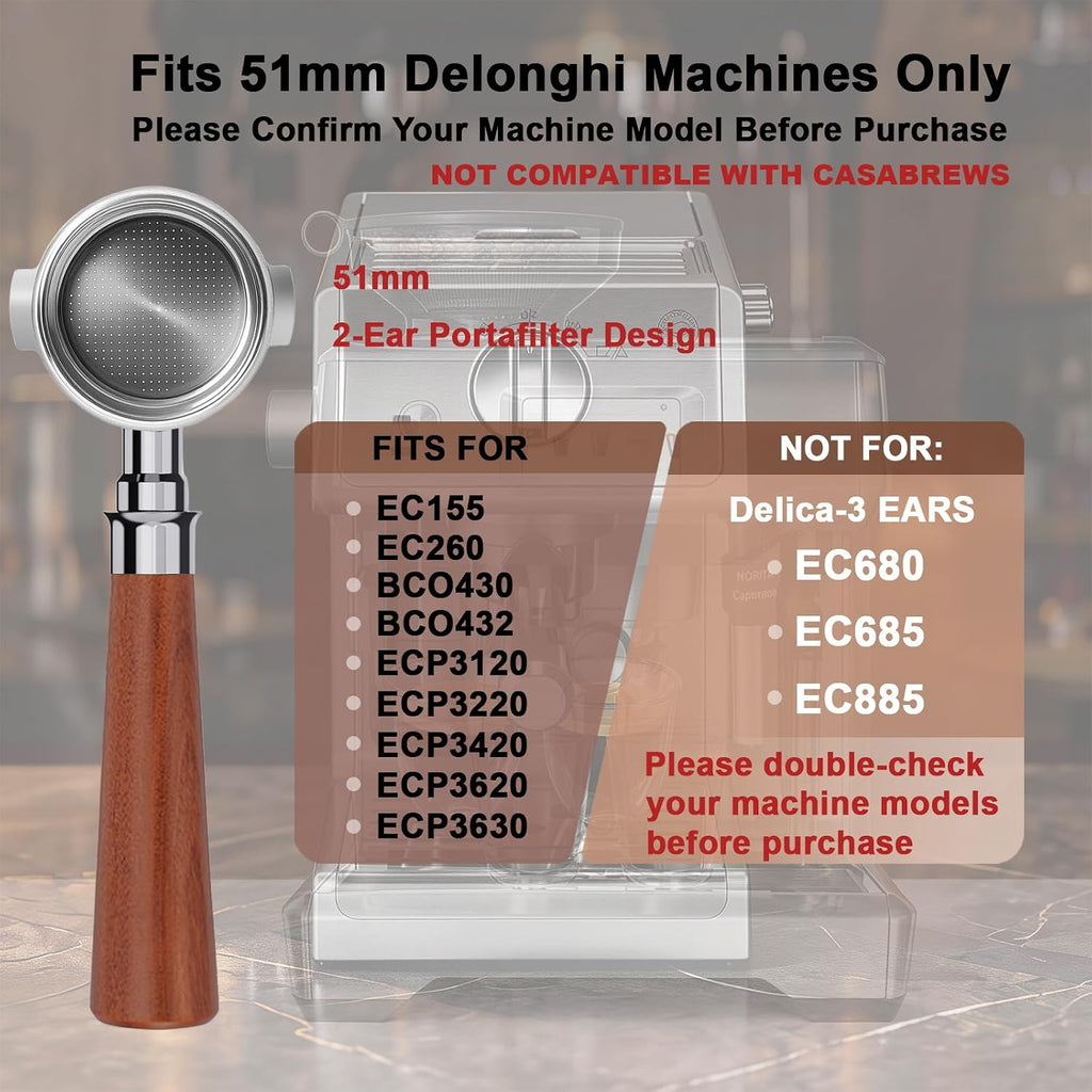 51mm Bottomless Portafilter 2 Ear for Delonghi ECP3420, EC155/260, 5-Piece