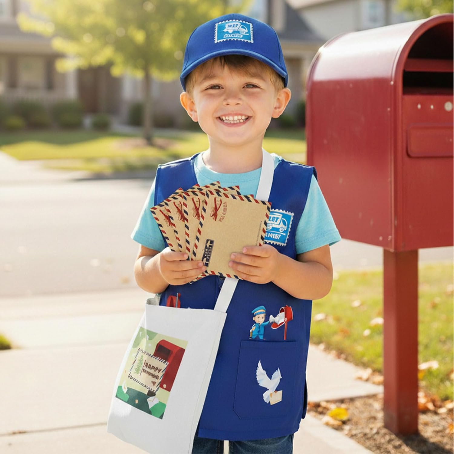 Mailman Costume for Kids Includes Mail Carrier Vest Hat Canvas Bag Mailman Pass Cards and Envelopes for Postman