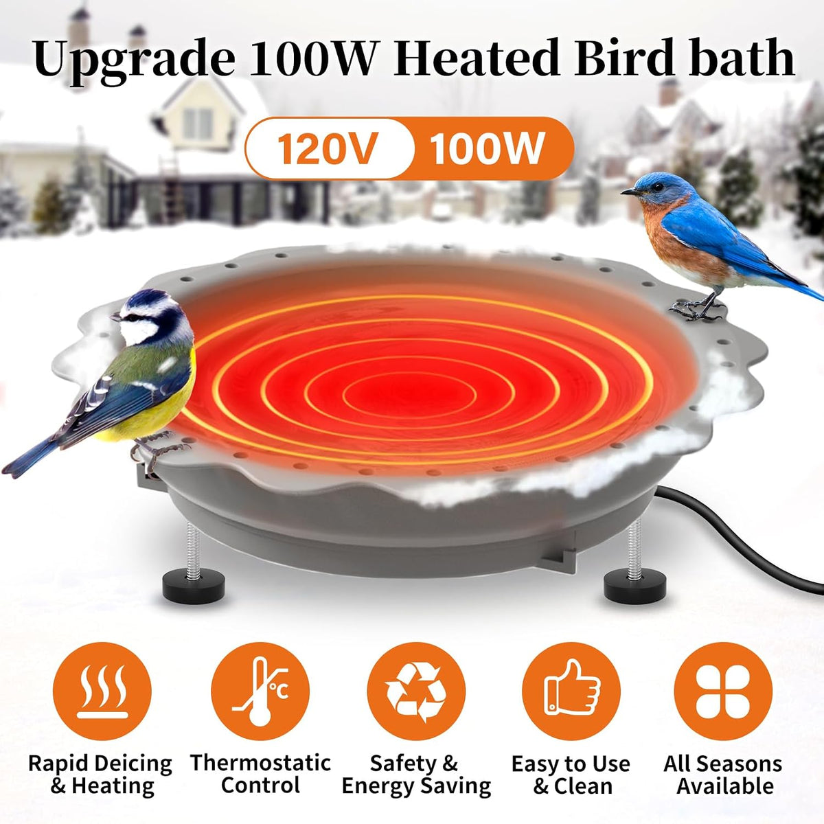 Heated Bird Baths for Outdoors Winter, 100W Heated Birdbath, Grey