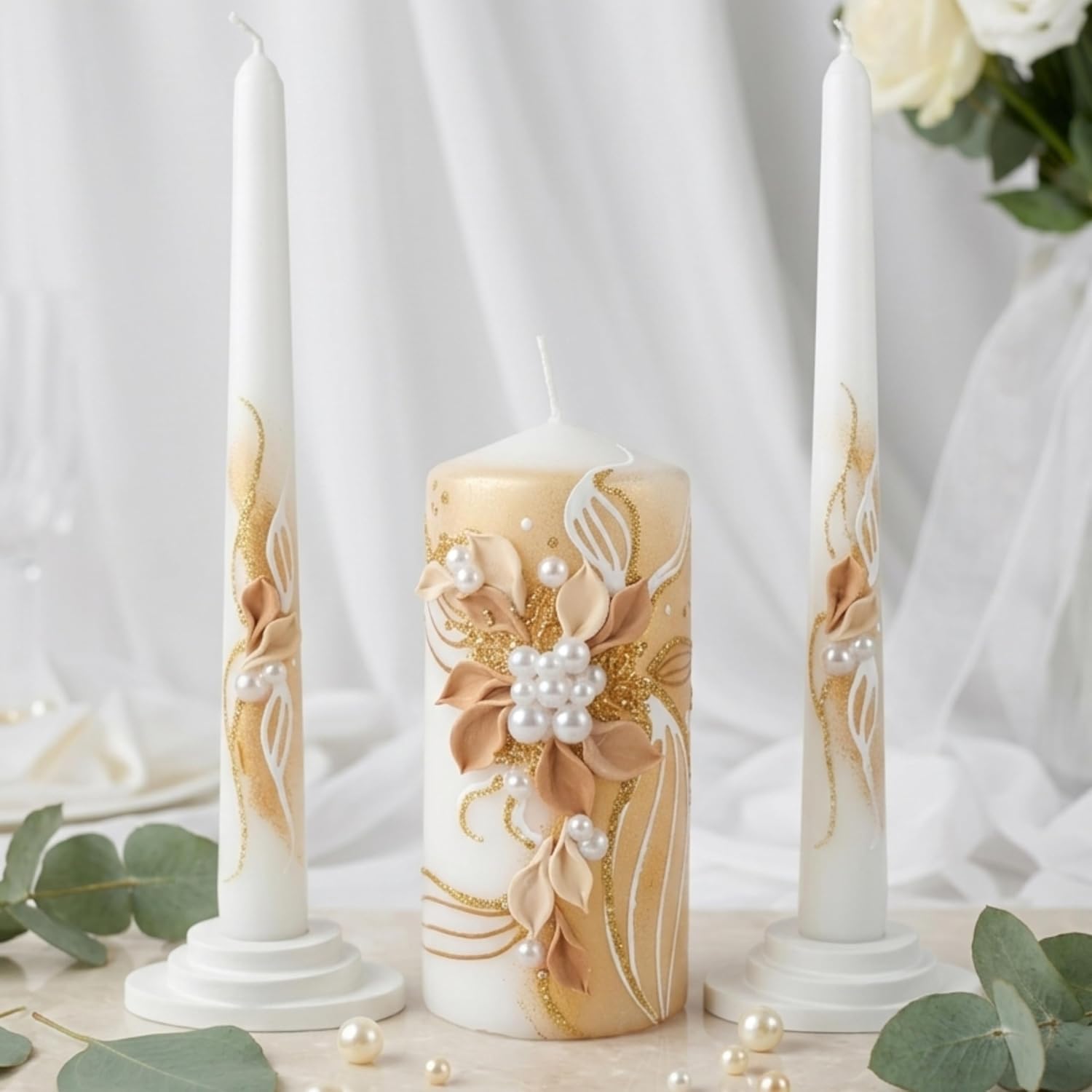 Golden Blossom Unity Candle Set for Wedding Ceremony & Reception, White & Gold Wedding Unity Candles with Floral
