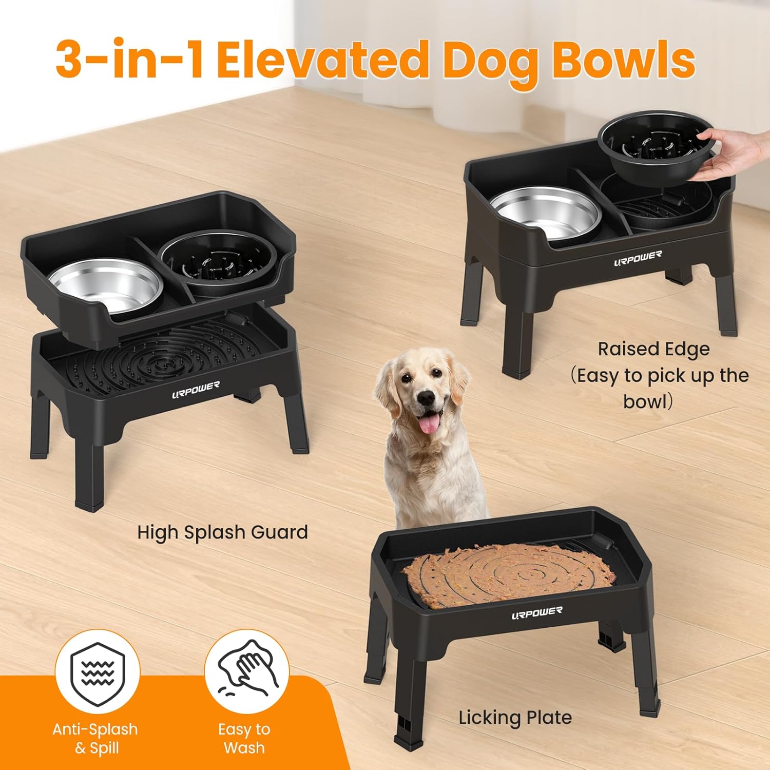 3-in-1 Elevated Dog Bowls - Mess Proof Double Deck 4 Height Adjustable Raised Stand with Stainless Steel Bowl & Slow