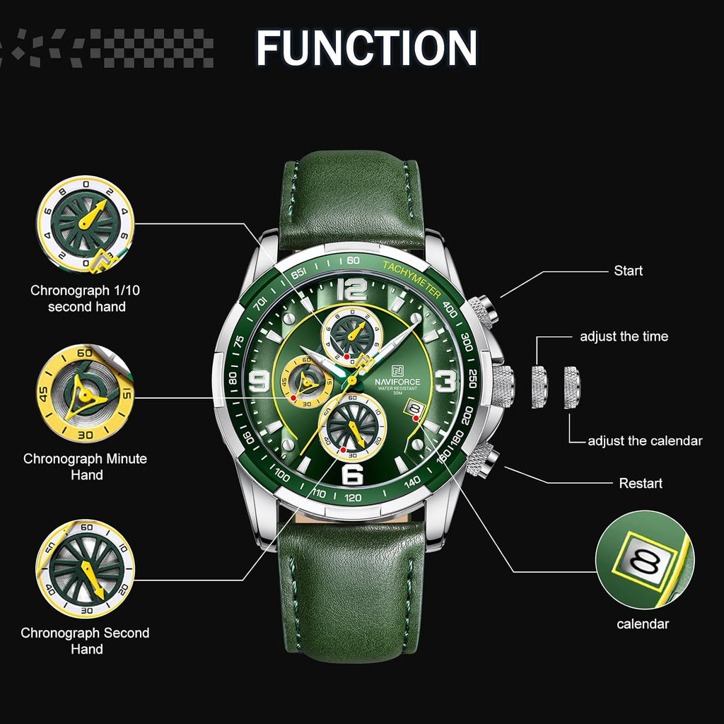 Sport Watches for Men Analog Quartz Chronograph Leather Strap Wrist Watch