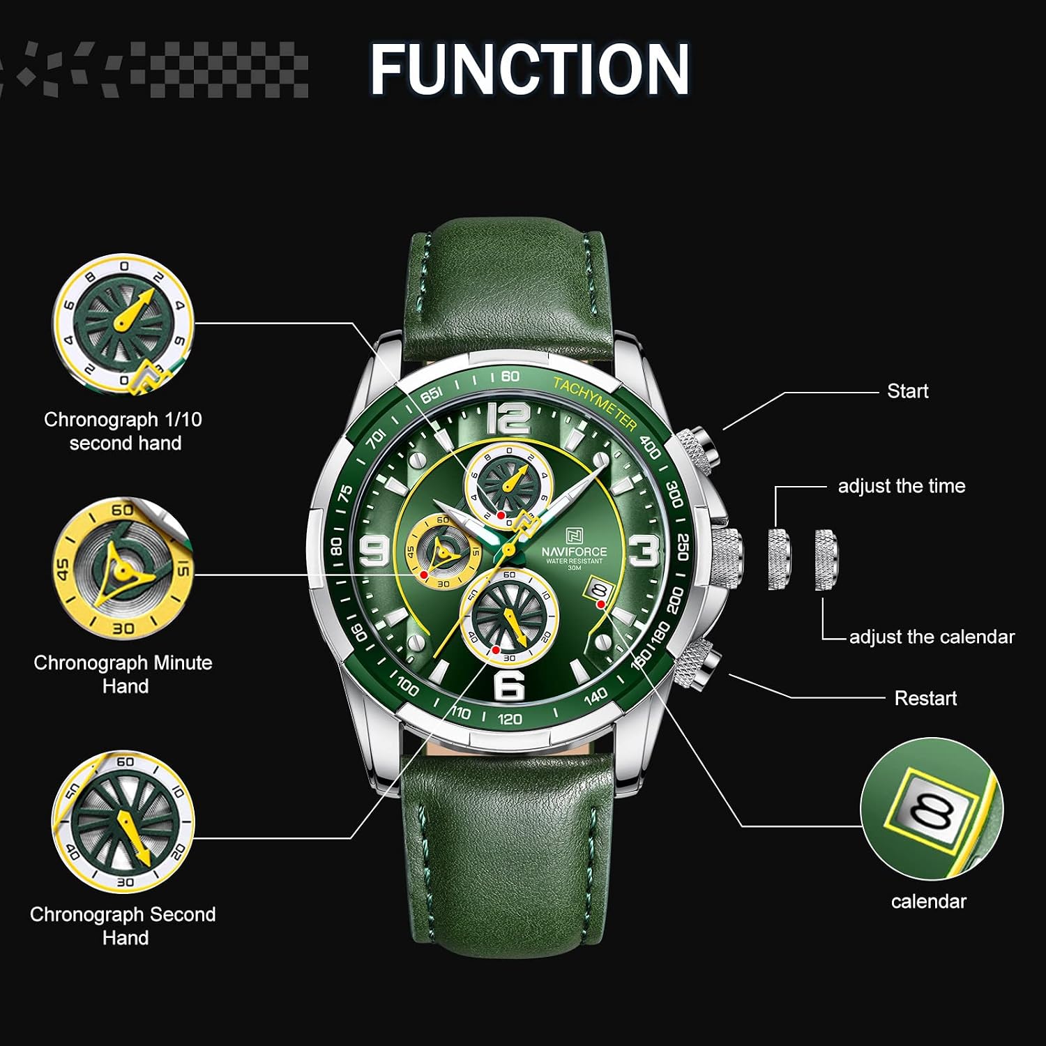 Sport Watches for Men Analog Quartz Chronograph Leather Strap Wrist Watch