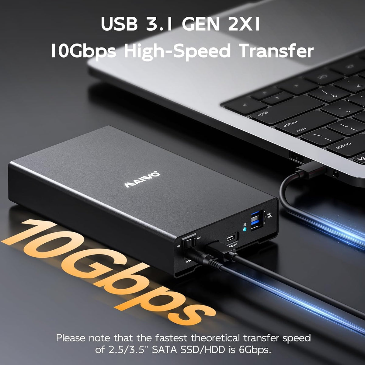 Hard Drive Enclosure for 2.5 3.5 inch SATA HDD SSD Aluminum, USB3.1 Gen2x1 10Gbps 3xUSB Ports Extension 24TB