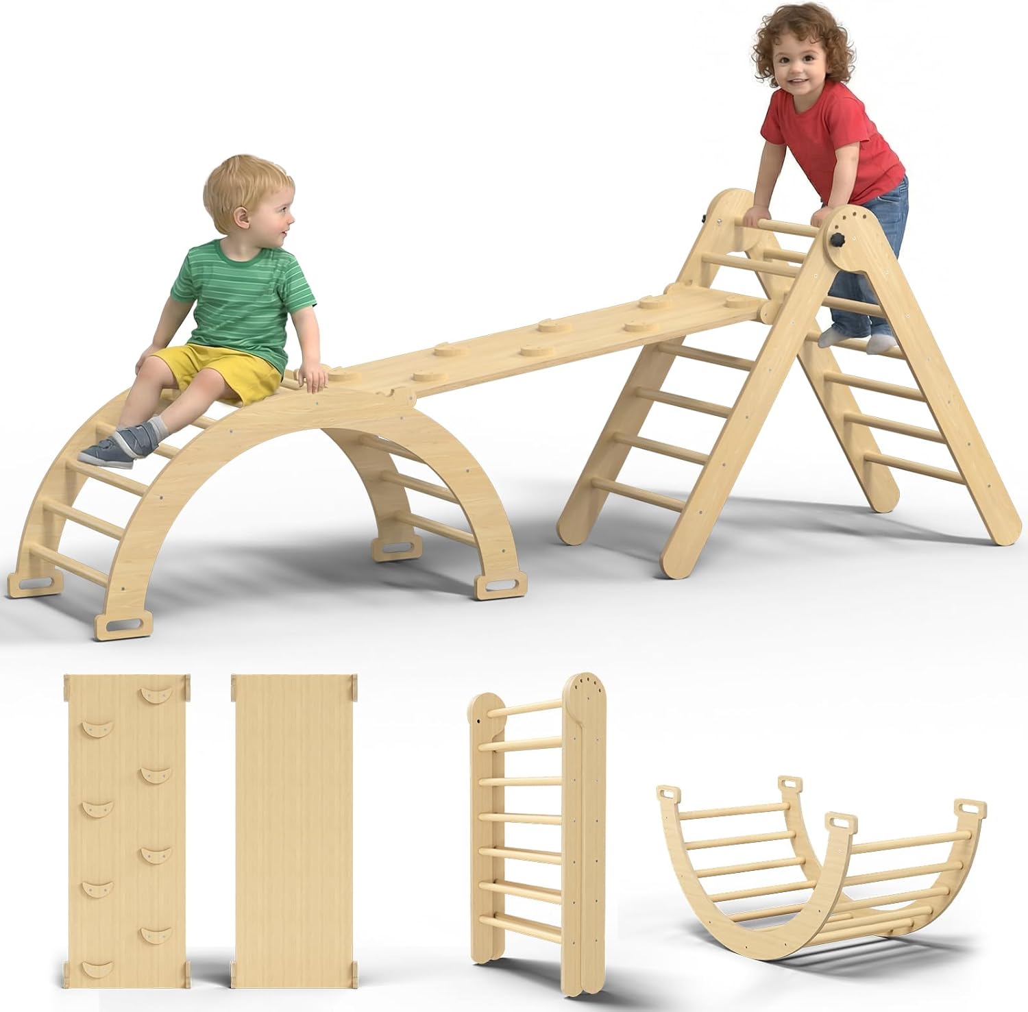 Large Pikler Triangle Set, 7-in-1 Toddler Climbing Toys Indoor, Wooden Montessori Climbing Set with Arch Ramp Ladder