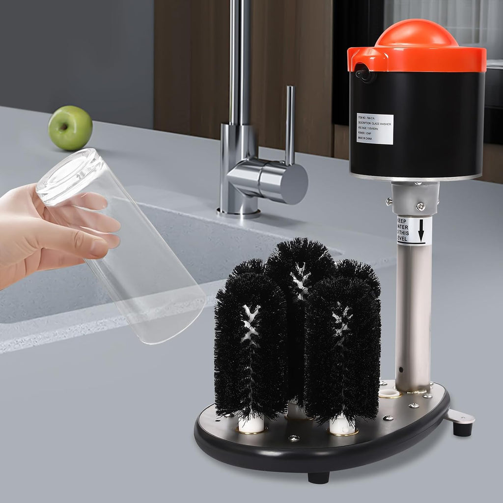 Electric Cup Cleaning Machine Commercial, 304 Stainless Steel Glass Washer for Bars & Cafes with 5 Brushes, 200