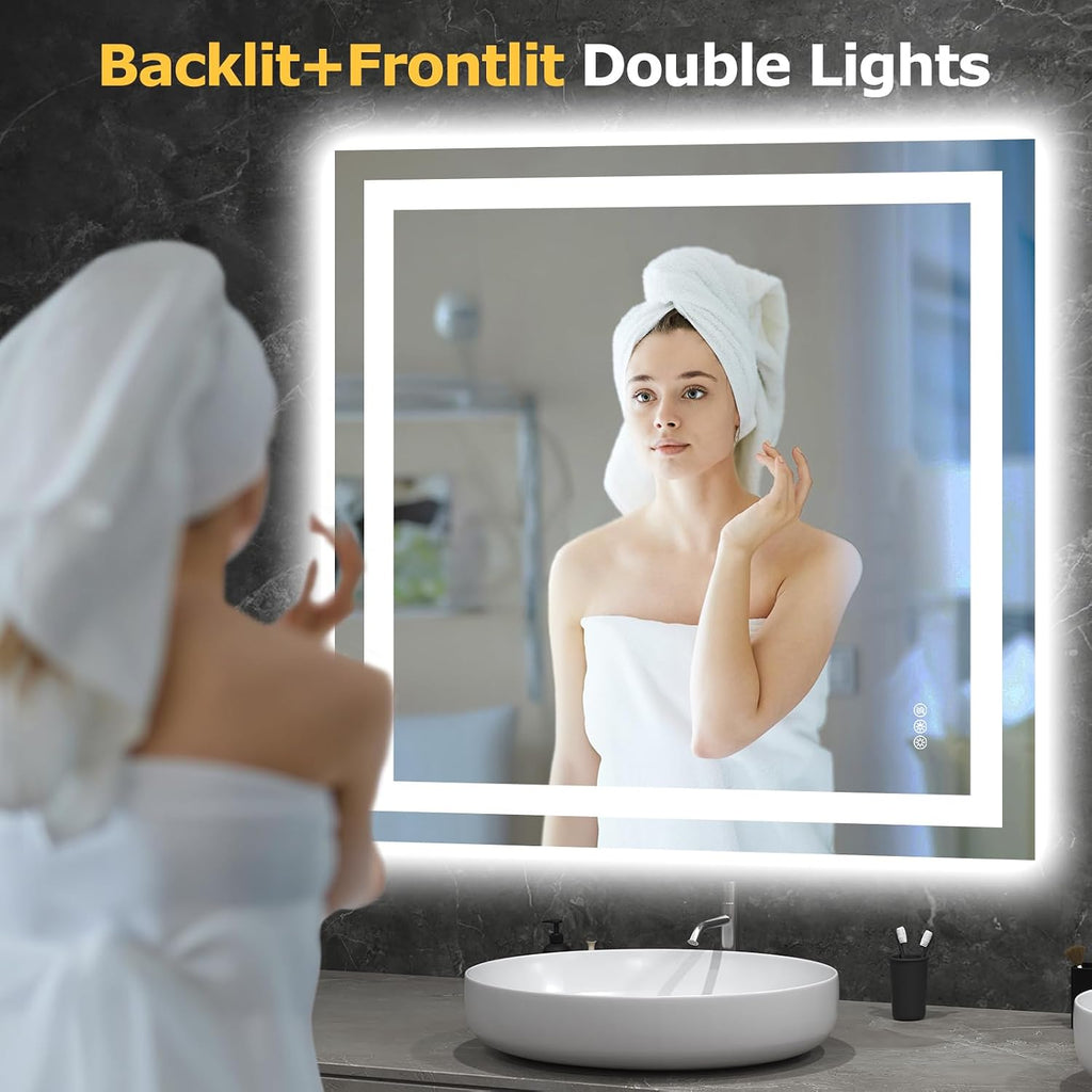 36"X36" LED Bathroom Mirror with Lights, Anti-Fog, Dimmable, Backlit + Front Lit, Smart Bathroom Vanity Mirror