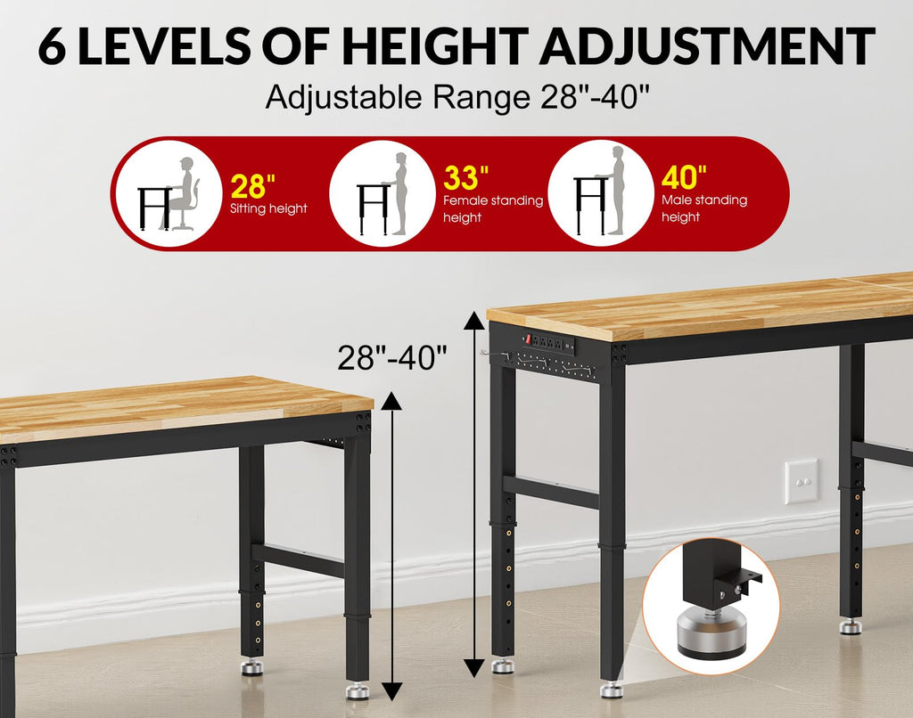 72”Heavy Duty Work Bench, 2-Layer Adjustable Workbench, 5000 LBS Capacity Work Bench with Power Outlet & Pegboard