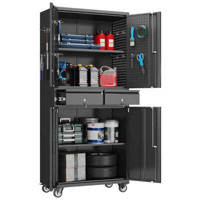 71-Inch Garage Storage Cabinet with 2 Drawers, Wheels and Pegboard