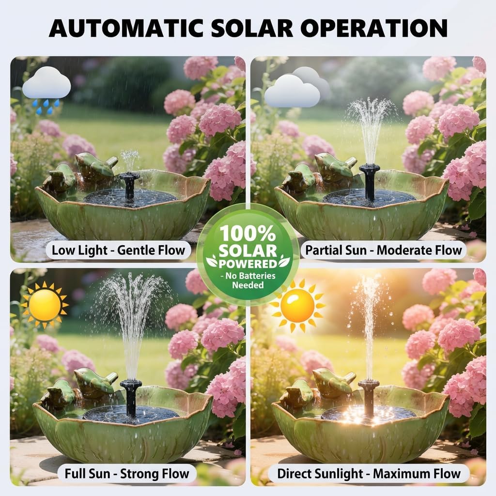 Large Ceramic Bird Bath Bowl with Solar Powered Fountain, Solar Bird Bath Fountain for Outdoors, Hummingbird Solar