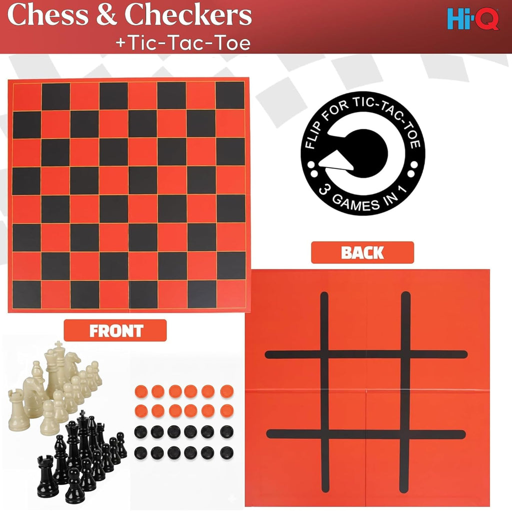 3-in-1 Chess, Checkers & Tic-Tac-Toe Game Set – Double-Sided Folding Board – Staunton Style Pieces & Interlocking