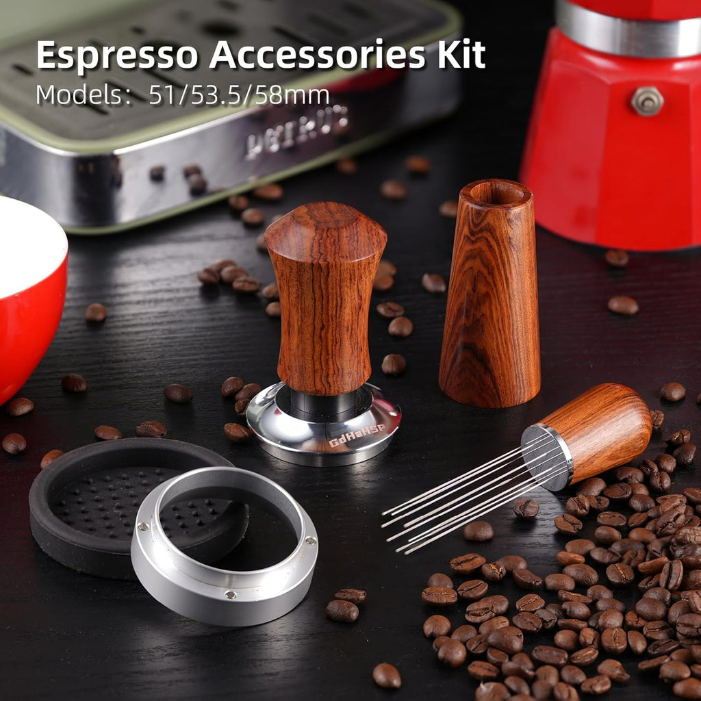 51mm Espresso Accessories Kit with Tamper, WDT Tool and Funnel | Rosewood spring-loaded espresso tamper and WDT tool
