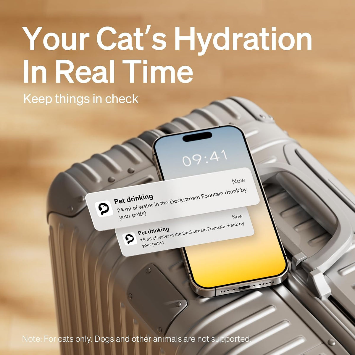 Cat Water Fountain, App Monitoring Pet Fountains for Cats Indoor with Stainless Steel Tray, 2.5L/84oz Dockstream