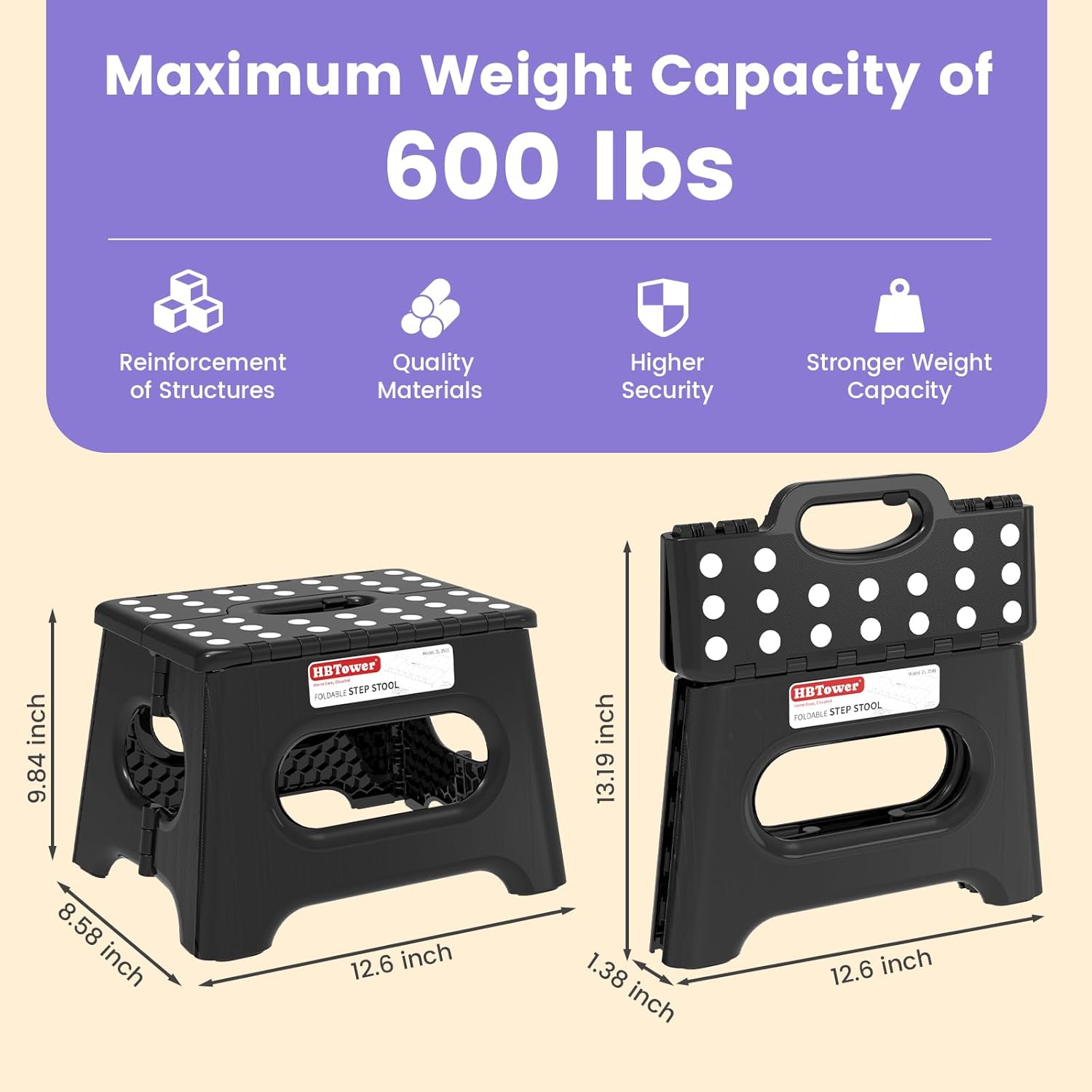Folding Step Stool 9 Inch - Holds 600 lb, Non-Slip Surface & Carry Handle - Sturdy Step Stool for Kids, Toddlers &