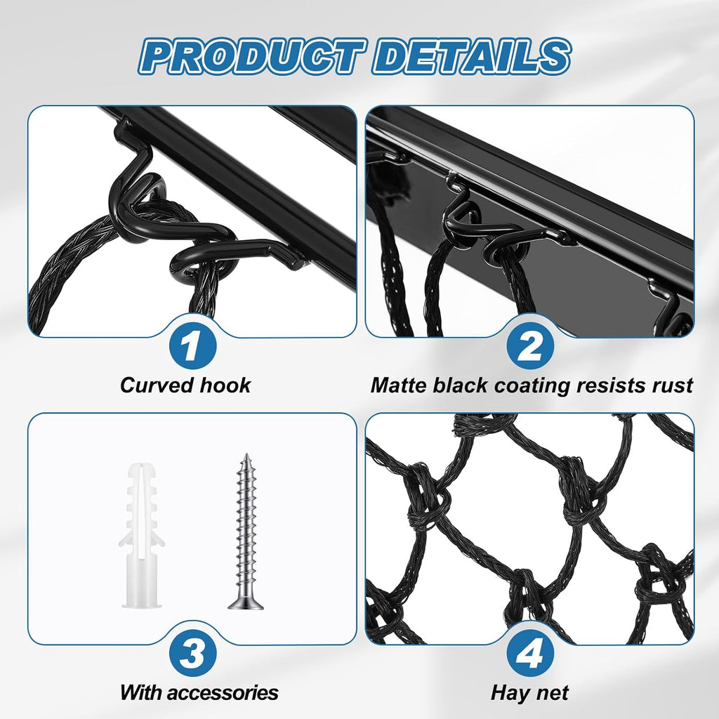 2 Set Wall Mount Hay Feeder for Horse Goats Hay Rack with Net, Black
