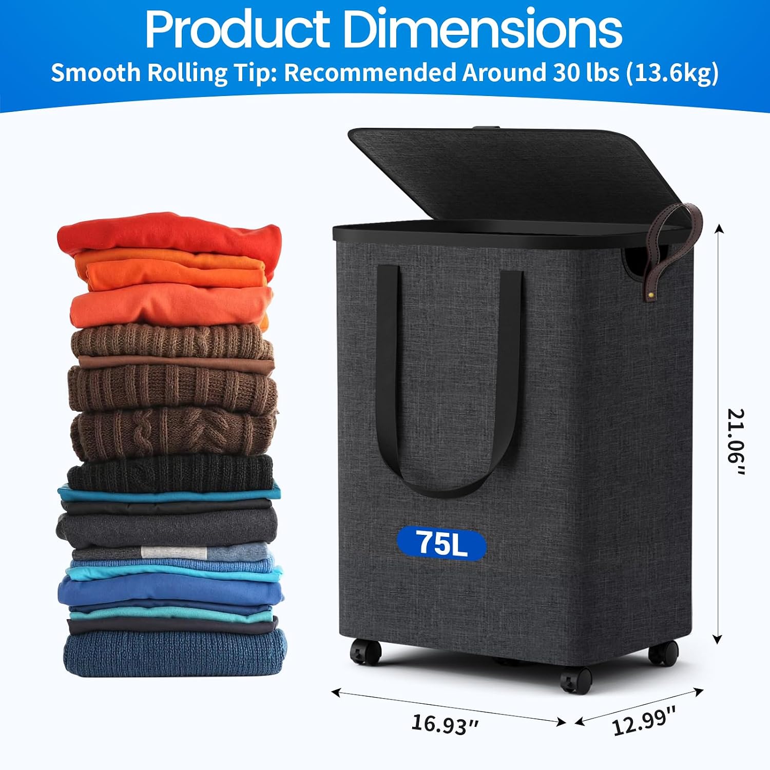 Laundry Basket with 5 Wheels, Rolling Laundry Hamper, 75L, Deep Gray | Clothes Hamper with Wheels and Lid