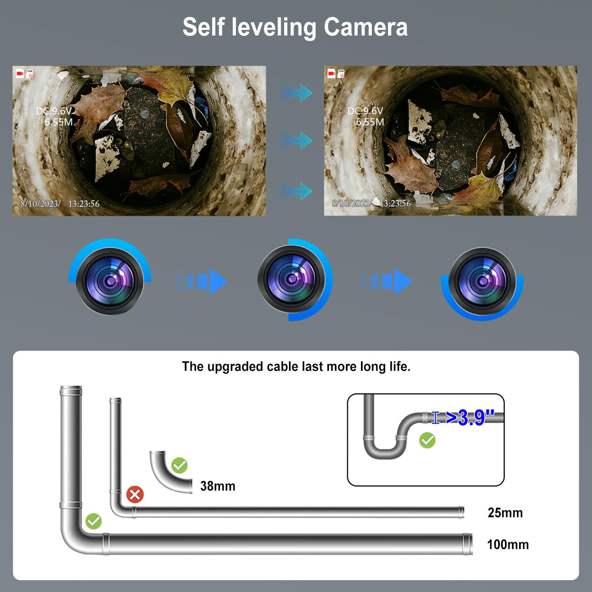 Sewer Camera with Self-Leveling DVR, 100ft Snake, 9" HD Screen