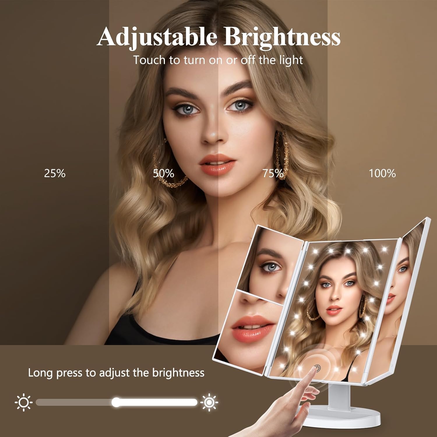 Makeup Mirror, Vanity Mirror with Lights, 2X/3X/10X Magnification, Touch Control, Trifold, Dual Power Supply