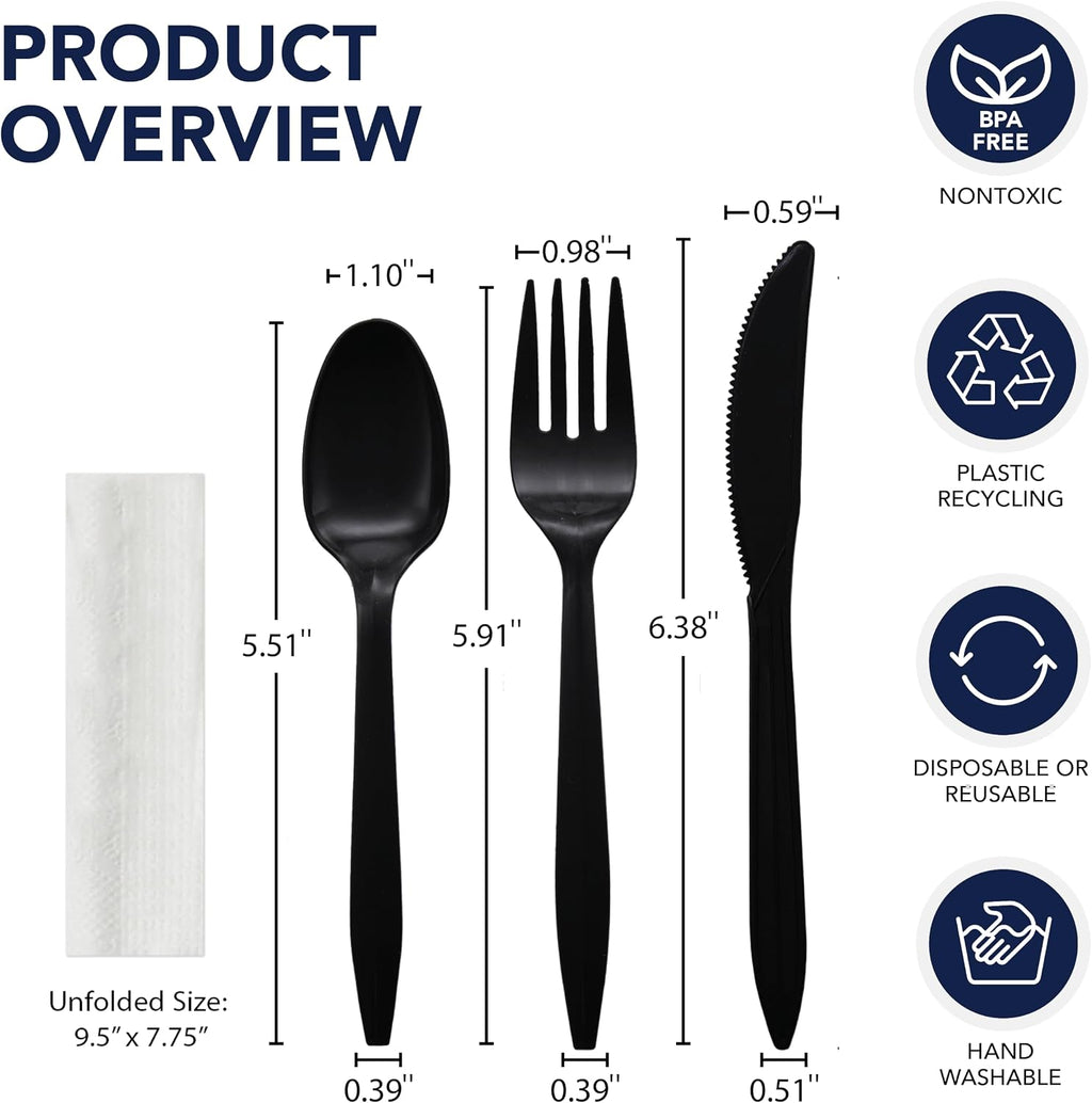 Individually Wrapped Plastic Cutlery Packets/Silverware Kits, Black Fork/Spoon/Knife/Napkin, 50 Sets