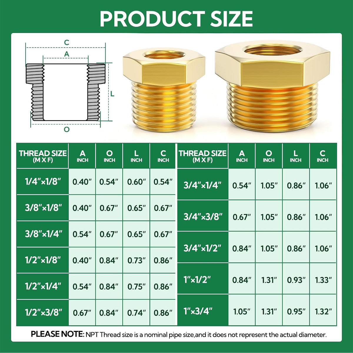 TAISHER 6PCS Brass Reducer Hex Bushing Threaded Pipe Fitting 3/4" NPT Male x 1/2" NPT Female Adapter
