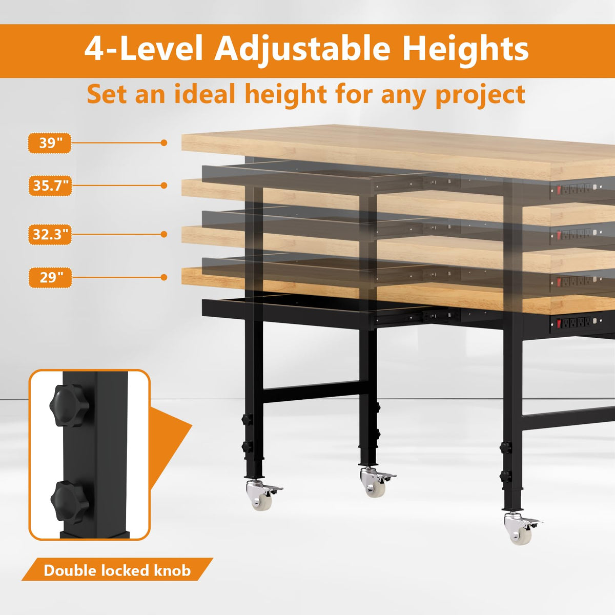 60" Heavy-Duty Solid Wood Work Bench with Drawers, Adjustable Height Workbench with Wheels, 2000 LBS Capacity Work