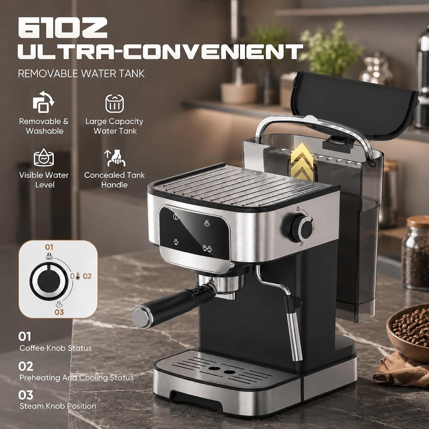 Compact 20 Bar Espresso Machine with Milk Frother & Touch Screen | 1200W Coffee Maker with 61OZ Removable Water Tank
