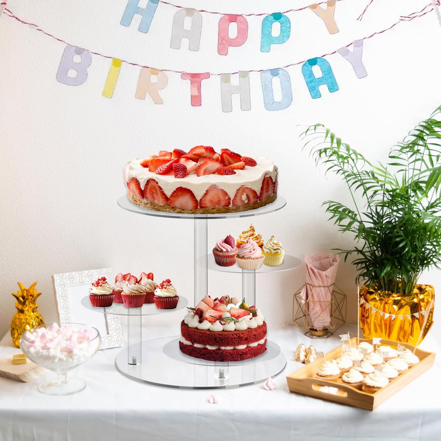 4 Tier Acrylic Round Cake Stand for 8-12 Inch Cakes, Clear Multi-Layer Dessert Display Stand for Wedding, Birthday