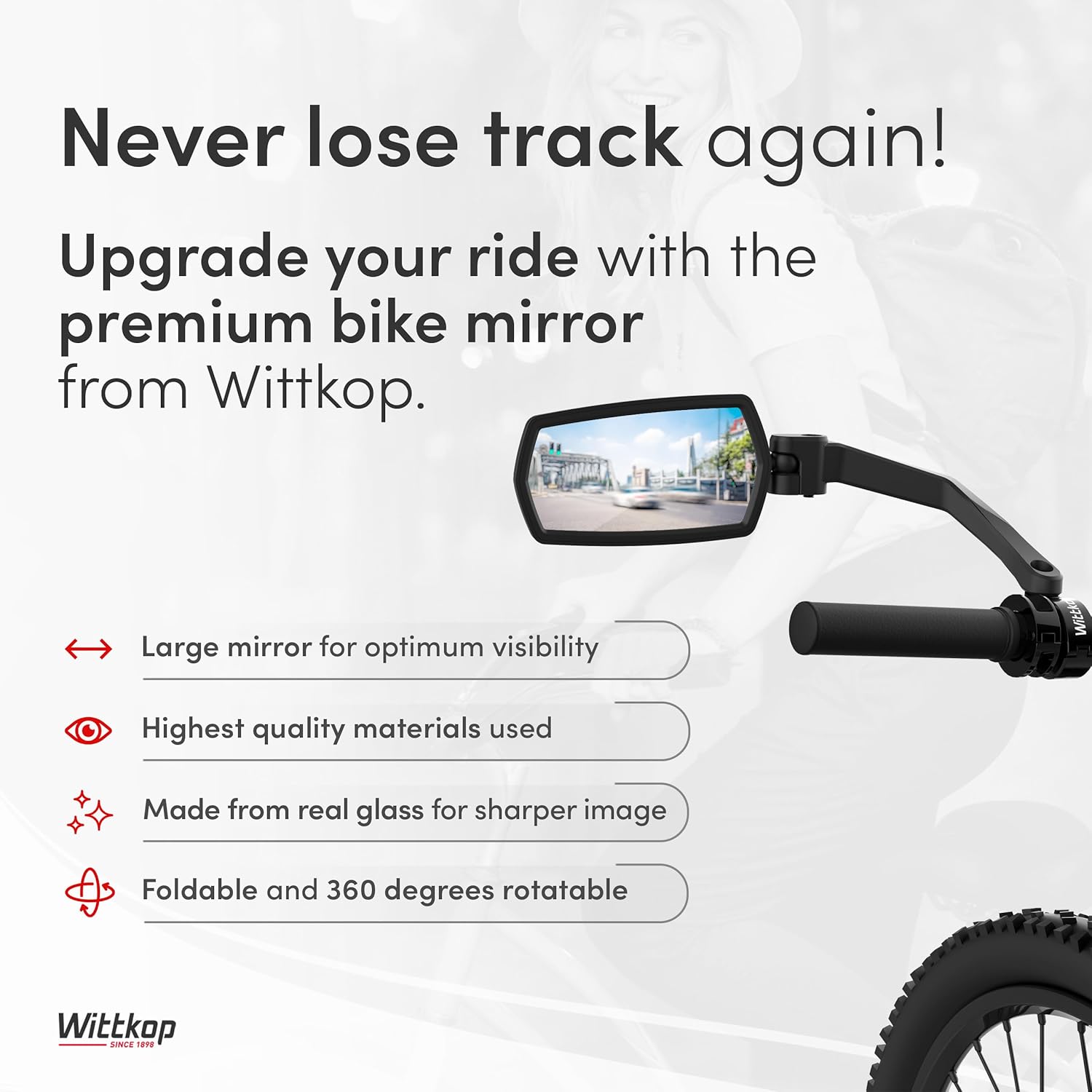 Bike mirror | Large HD field of vision | 360° rotatable & foldable | Mounting above & below | Break-proof & durable |