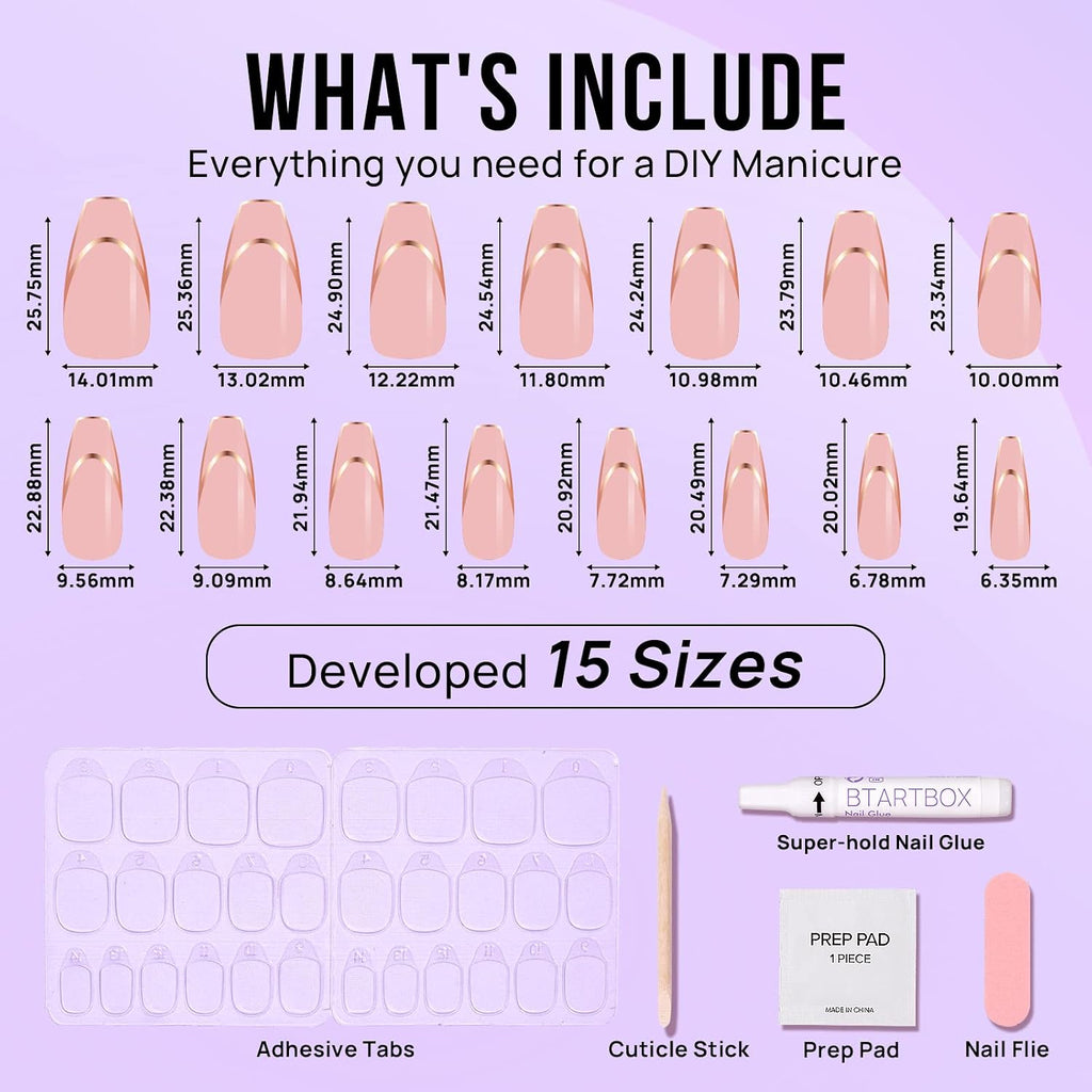 Press On Nails, Long Coffin French Tip Nails, 32 Pcs Full Kit