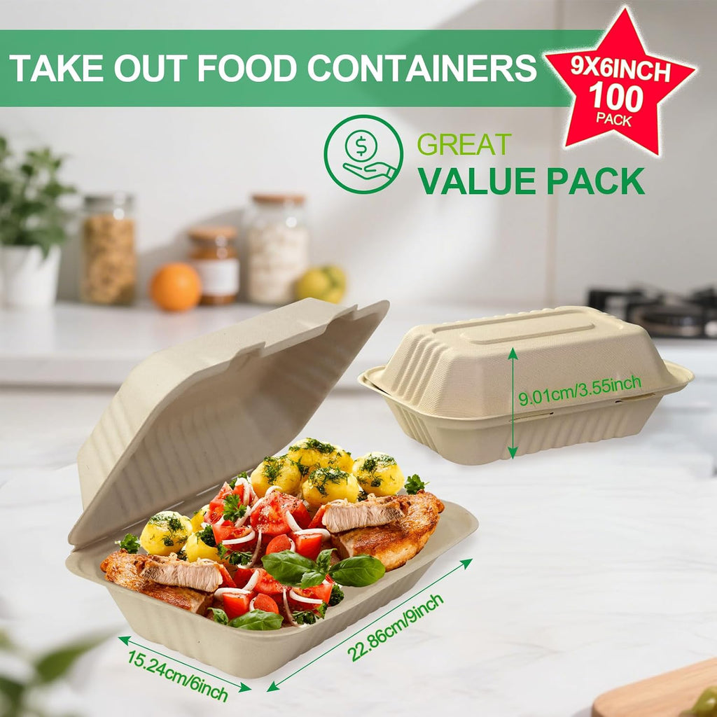Compostable Clamshell Food Containers [9x6 Inch 100-Pack] Disposable To Go Food Containers, Clamshell To Go Boxes for