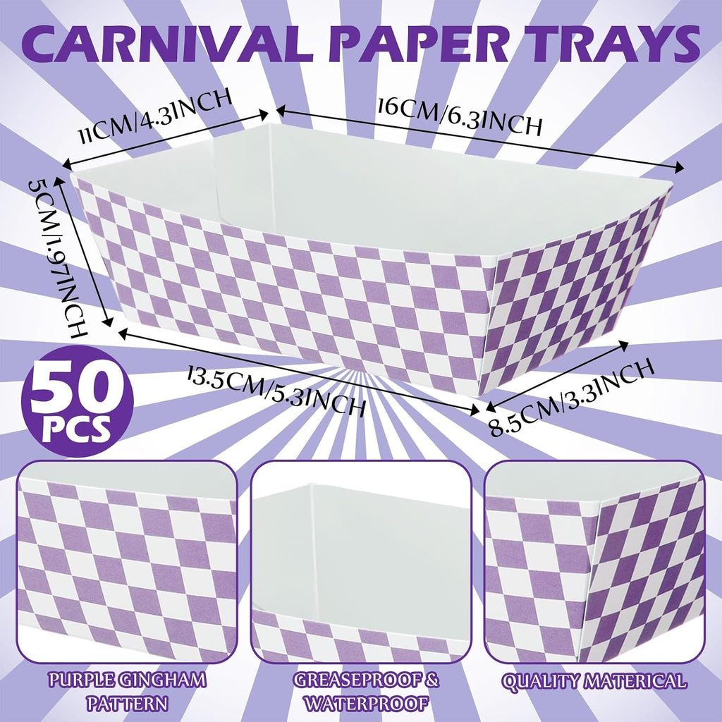 100 Pcs Gingham Paper Food Tray with Wax Paper,Purple White
