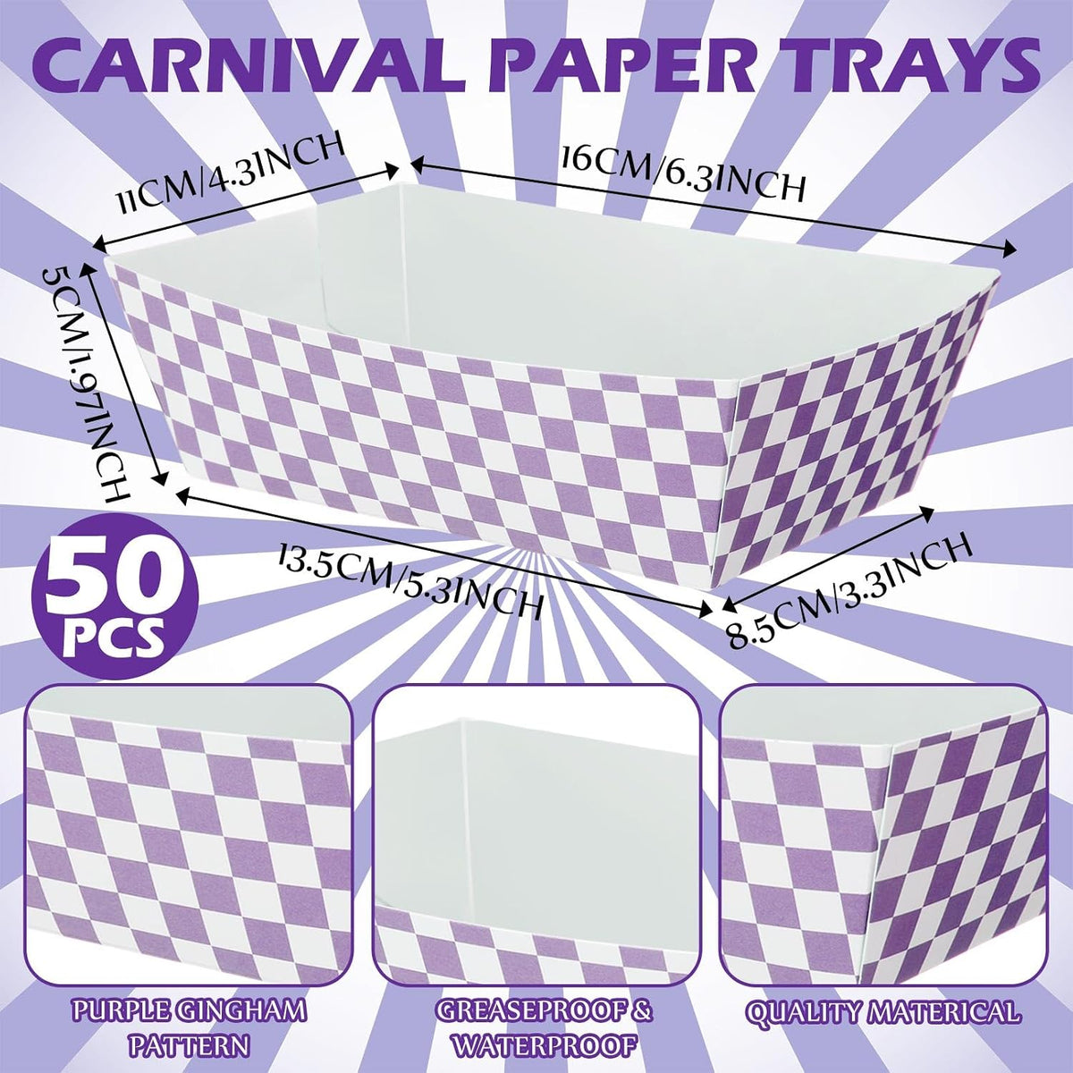 100 Pcs Gingham Paper Food Tray with Wax Paper,Purple White
