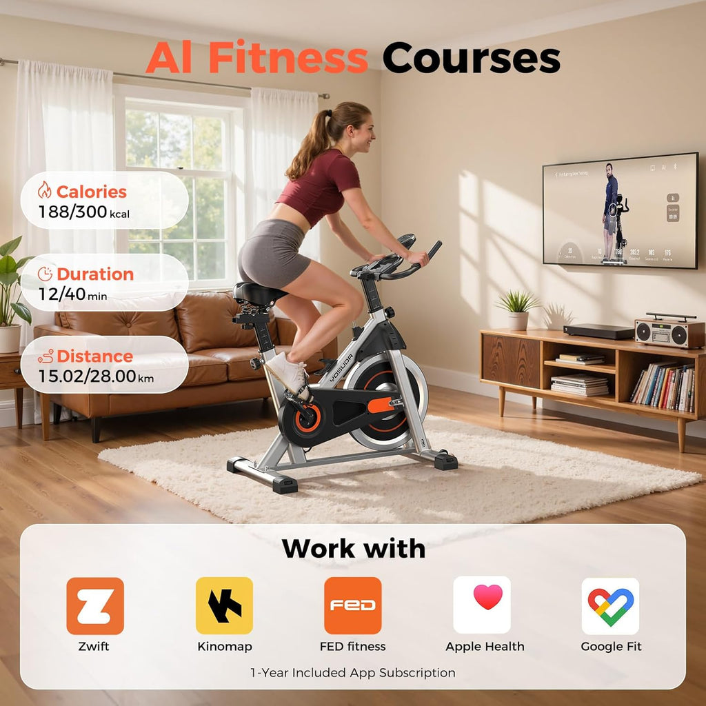 Exercise Bike, Magnetic Friction Stationary Bike with App Training | Magnetic Indoor Cycling Low Noise Bike for Home