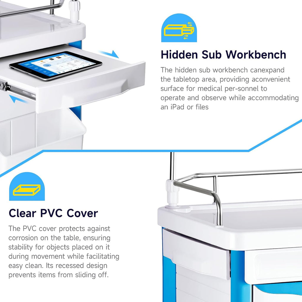Medical Carts with Wheels, 5-Tier Drawers, Adjustable IV Pole, Silent Casters, Trash Bins, O2 Holder, Needle Disposal