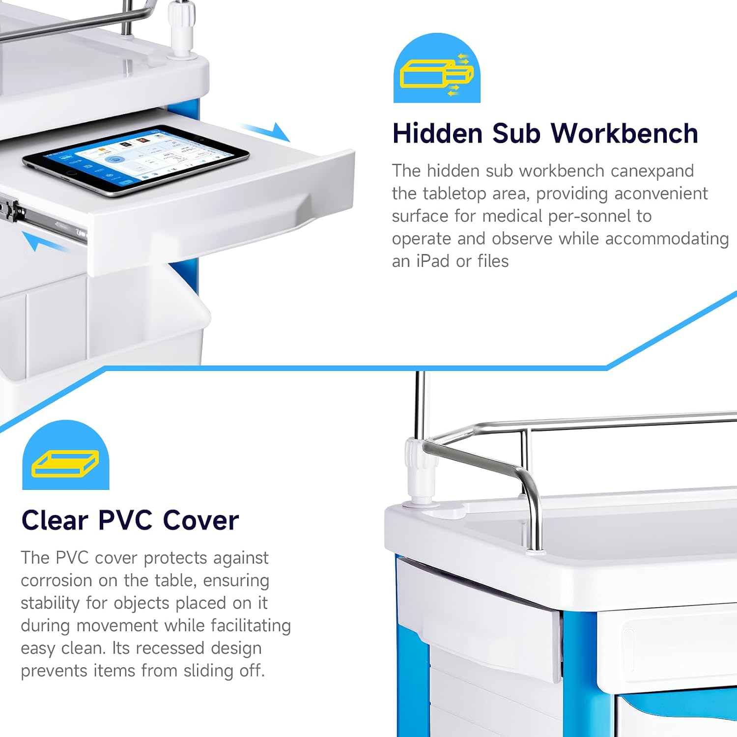 Medical Carts with Wheels, 5-Tier Drawers, Adjustable IV Pole, Silent Casters, Trash Bins, O2 Holder, Needle Disposal