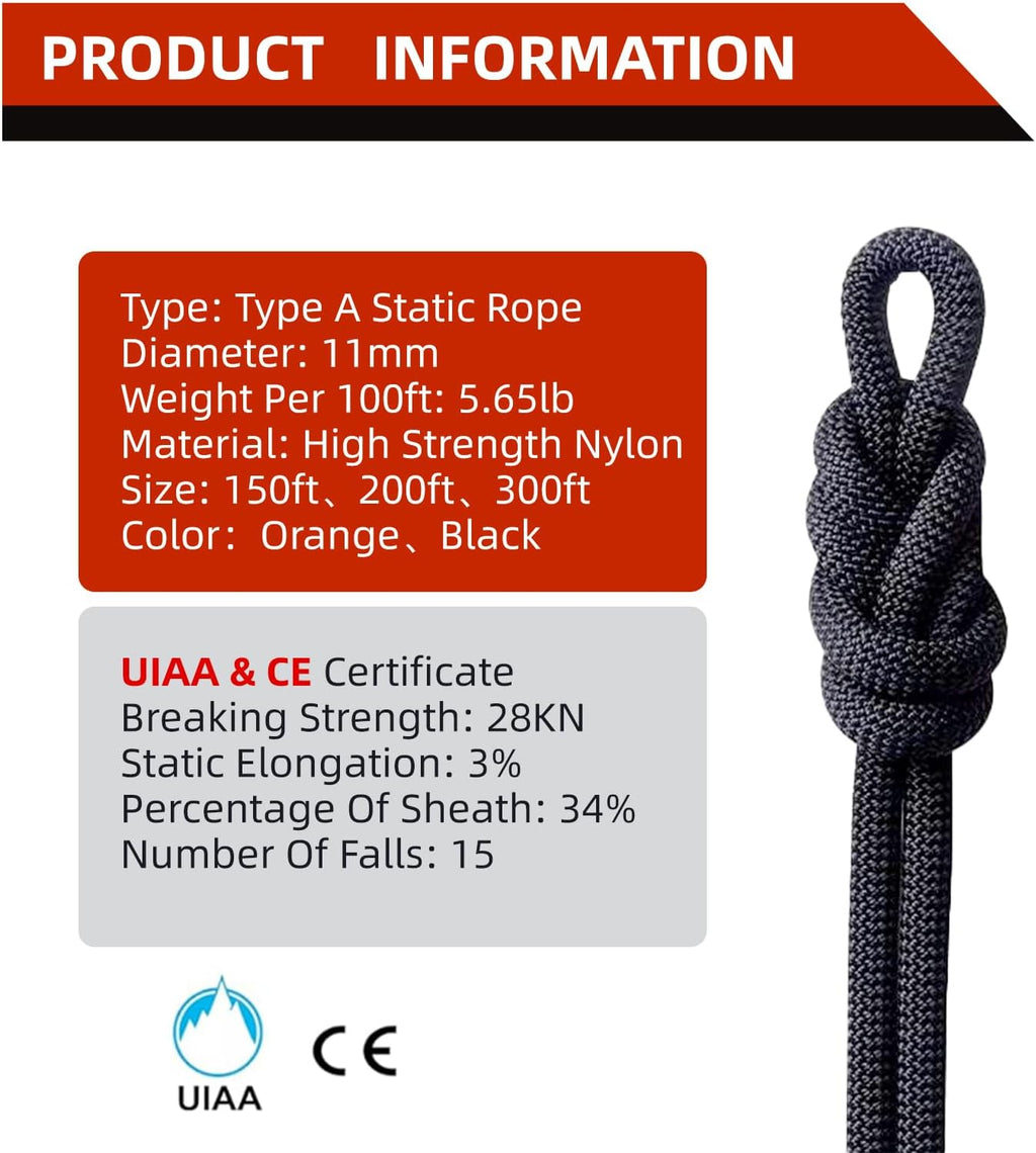UIAA Static Climbing Rope 11mm, 45M(150FT) Black | Nylon Kernmantle, Rappelling Rope, Survival Rescue Cord, Rock
