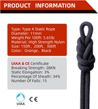 UIAA Static Climbing Rope 11mm, 45M(150FT) Black | Nylon Kernmantle, Rappelling Rope, Survival Rescue Cord, Rock